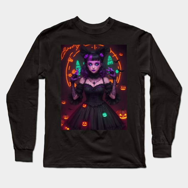 Halloween Spooky Neon Black Magic Witch Long Sleeve T-Shirt by TrendyTees